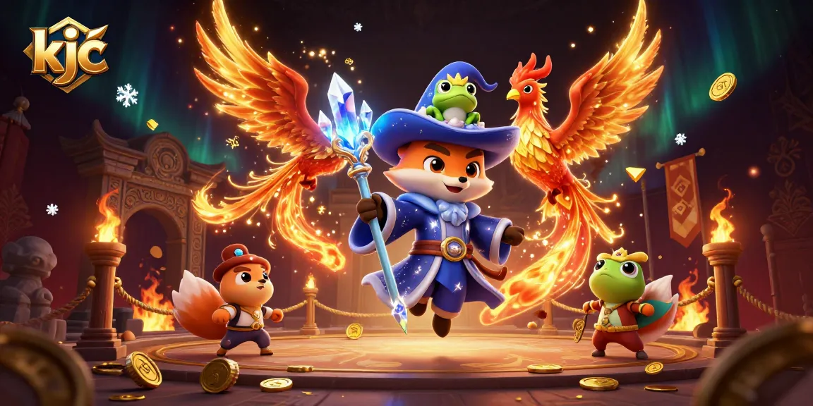 KJC attracts players with an exciting 3D wizard fox and phoenix illustration in a vibrant casino backdrop.