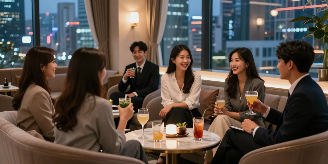 강남 멀리건에서 친구들과 함께 음료를 즐기는 모습, 고급스러운 분위기의 라운지