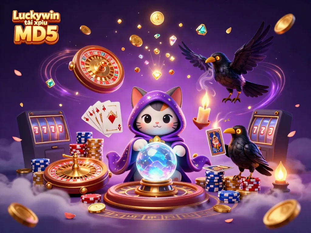 Experience the magic of Luckywin tài xỉu MD5 with captivating casino elements and vibrant illustrations.