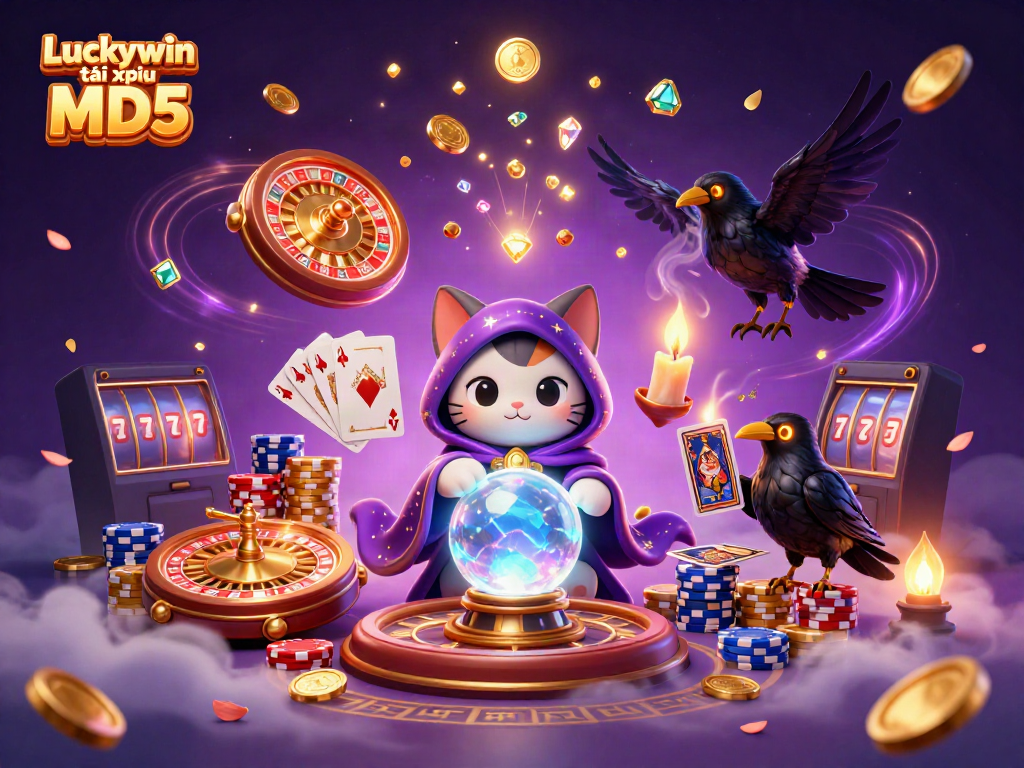 Experience the magic of Luckywin tài xỉu MD5 with captivating casino elements and vibrant illustrations.