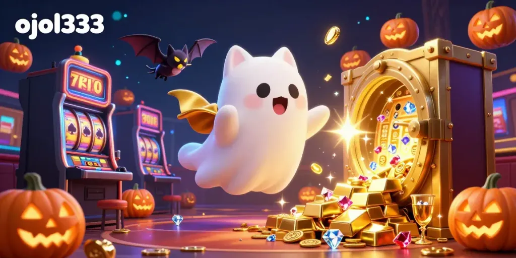 Engage with ojol333 in this lively cartoon scene featuring a ghost cat and vampire bat amidst dazzling casino elements.