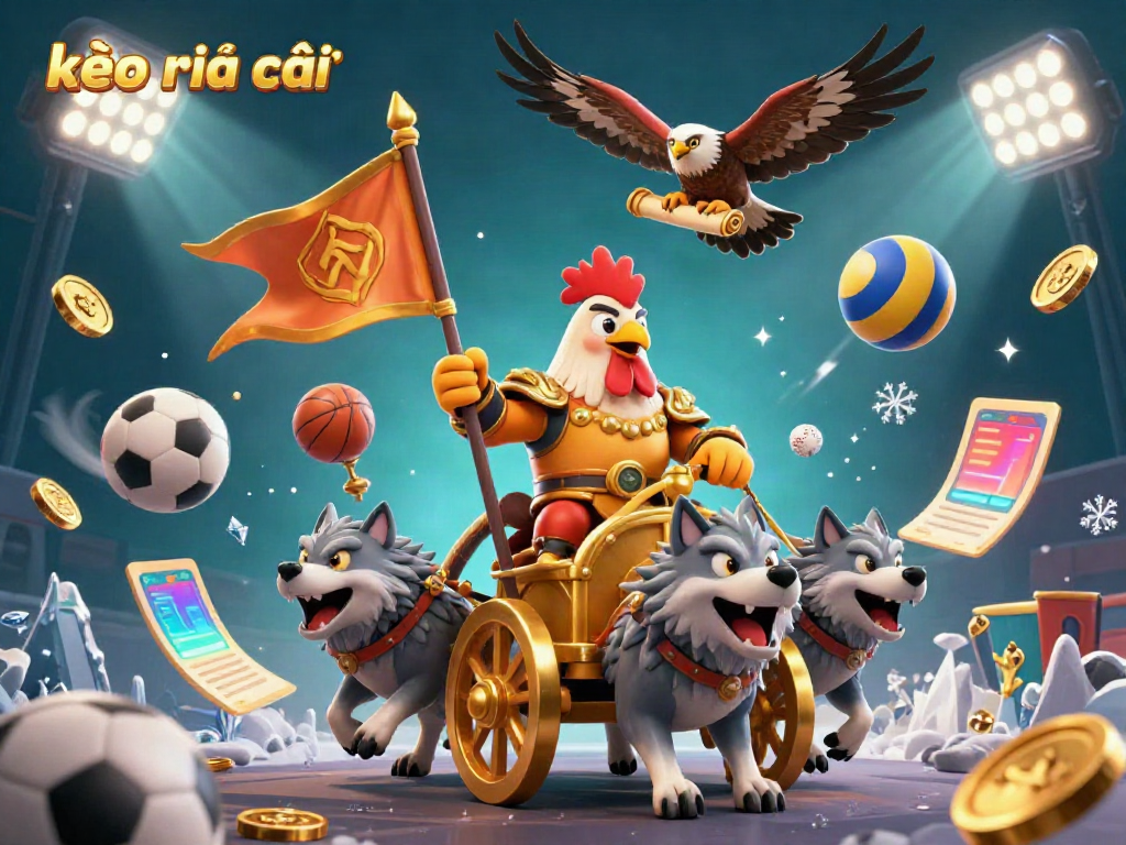 Engage with kèo nhà cái in a vibrant dynamic scene featuring a rooster warlord on a gold chariot amidst flying sports elements.