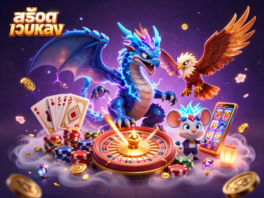 Engage with สล็อตเว็บตรง, featuring dynamic casino heroes amidst spinning roulette wheels and cascading golden coins.
