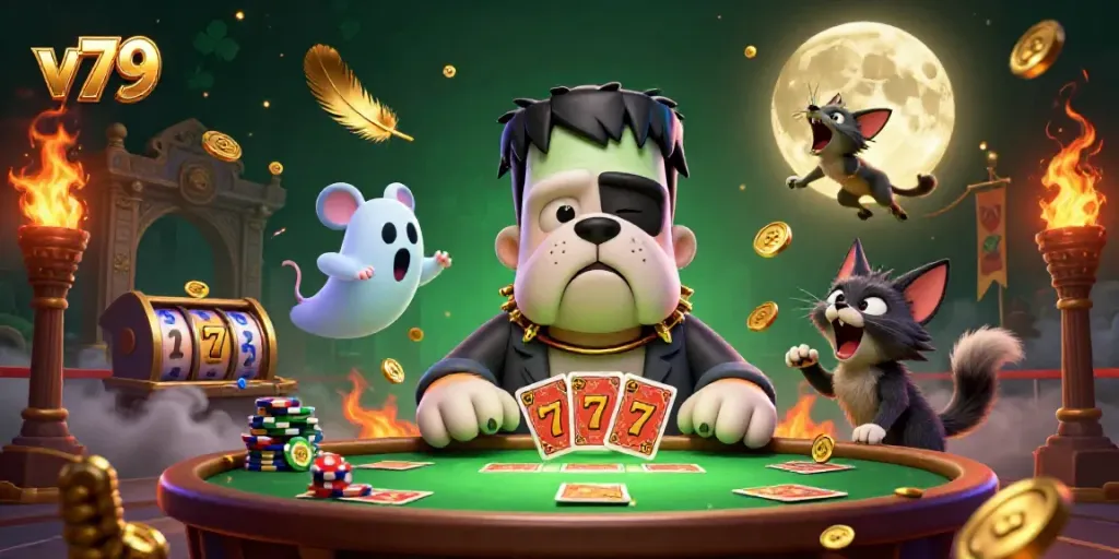Experience thrilling gameplay with v79 in a dynamic casino scene featuring unique characters and rich details.