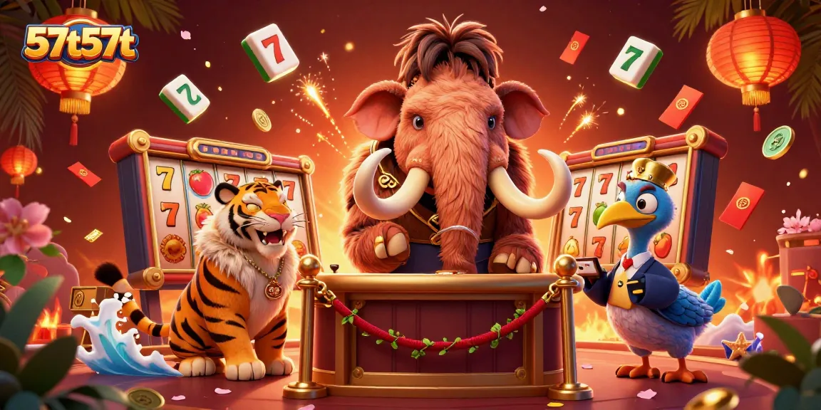 Imagem animada de um bouncer de casino 57t57t e um tigre VIP, cercados por elementos de slots.
