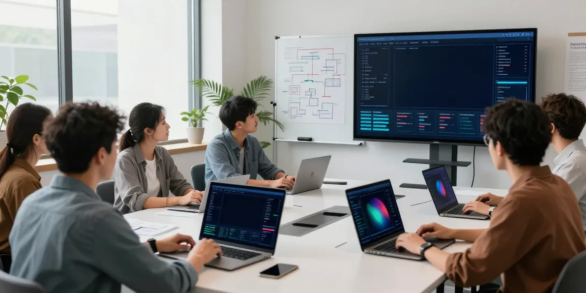 Engineers optimizing AI infrastructure in a collaborative workspace with data visualizations and interactive discussions.