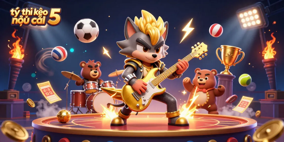 Experience the excitement of tỷ lệ kèo nhà cái 5 with a vibrant casino scene featuring a rock star wolf and dynamic sports elements.