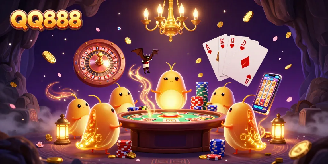 Experience the vibrant QQ888 casino scene with glowing worms, coins, and a bat dealer