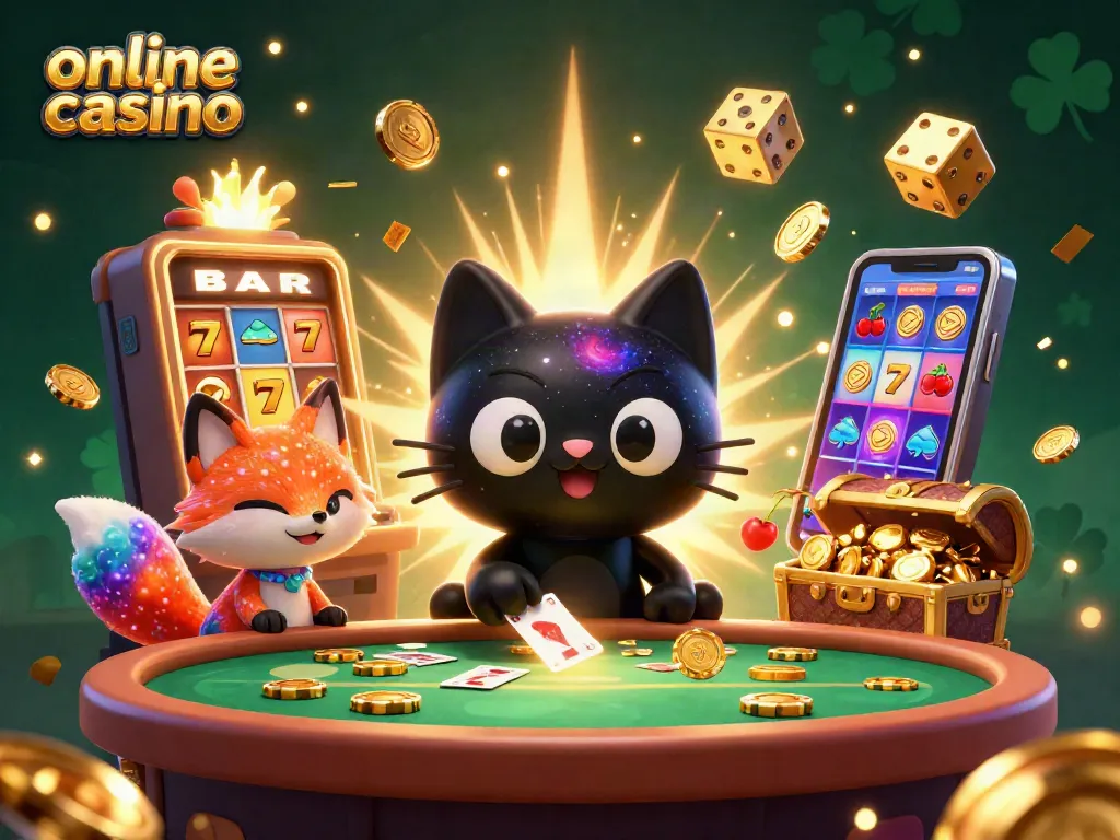 Disfruta de un emocionante casino online con un gato y un zorro cósmico atrayendo fichas doradas.