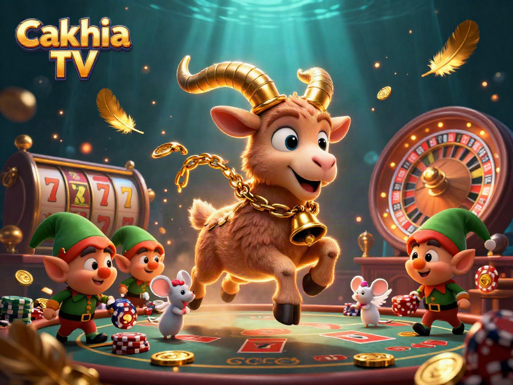 Cakhia TV casino scene featuring Krampus goat, angel mouse, and naughty elves in action.