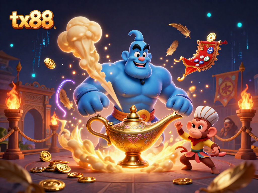 Engage with the thrilling world of tx88 in this vibrant 3D casino illustration featuring a powerful blue genie and magical elements.