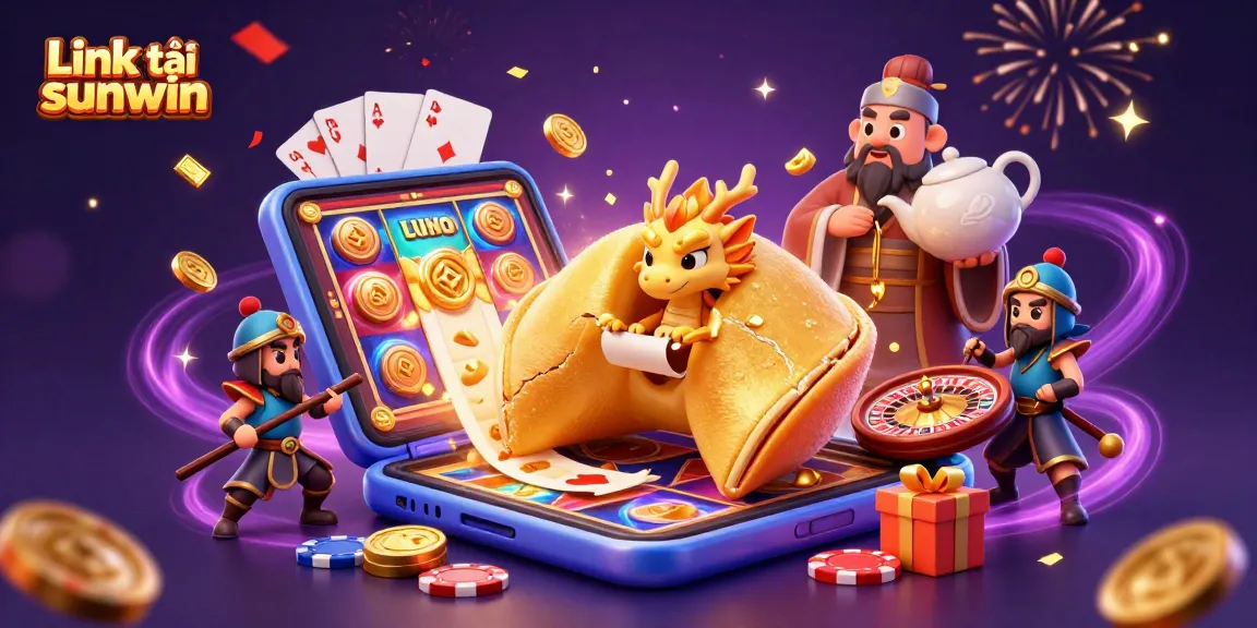 Engage in online gaming with Link tải sunwin, featuring a dynamic illustration of a golden fortune cookie and casino symbols.