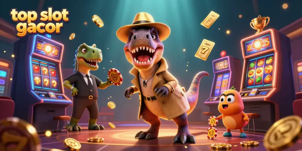 Gambaran 3D dari top slot gacor dengan velociraptor dan simbol slot yang menarik.