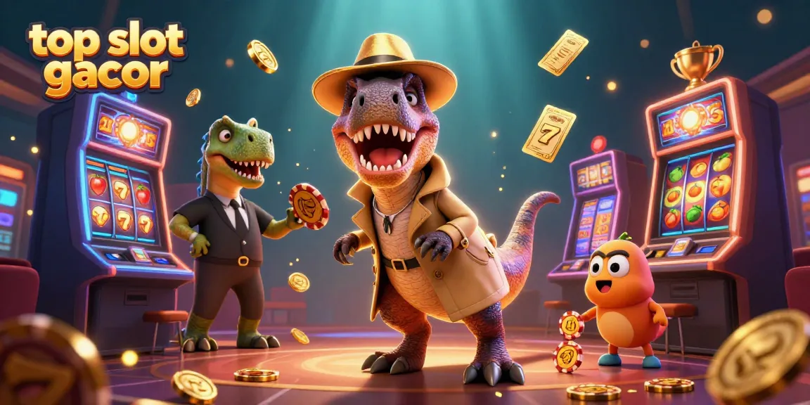 Gambaran 3D dari top slot gacor dengan velociraptor dan simbol slot yang menarik.