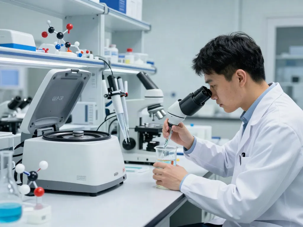 Scientist inspecting GLP 3 R peptide reactions in a modern lab.