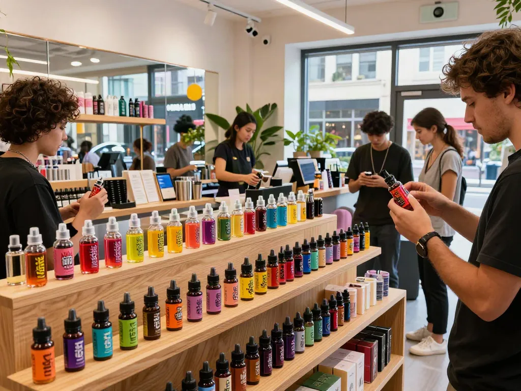 Colorful vape e liquid display in a vibrant vape shop with diverse customers exploring flavors.