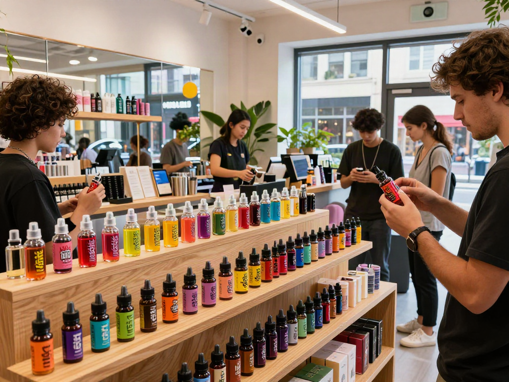 Colorful vape e liquid display in a vibrant vape shop with diverse customers exploring flavors.