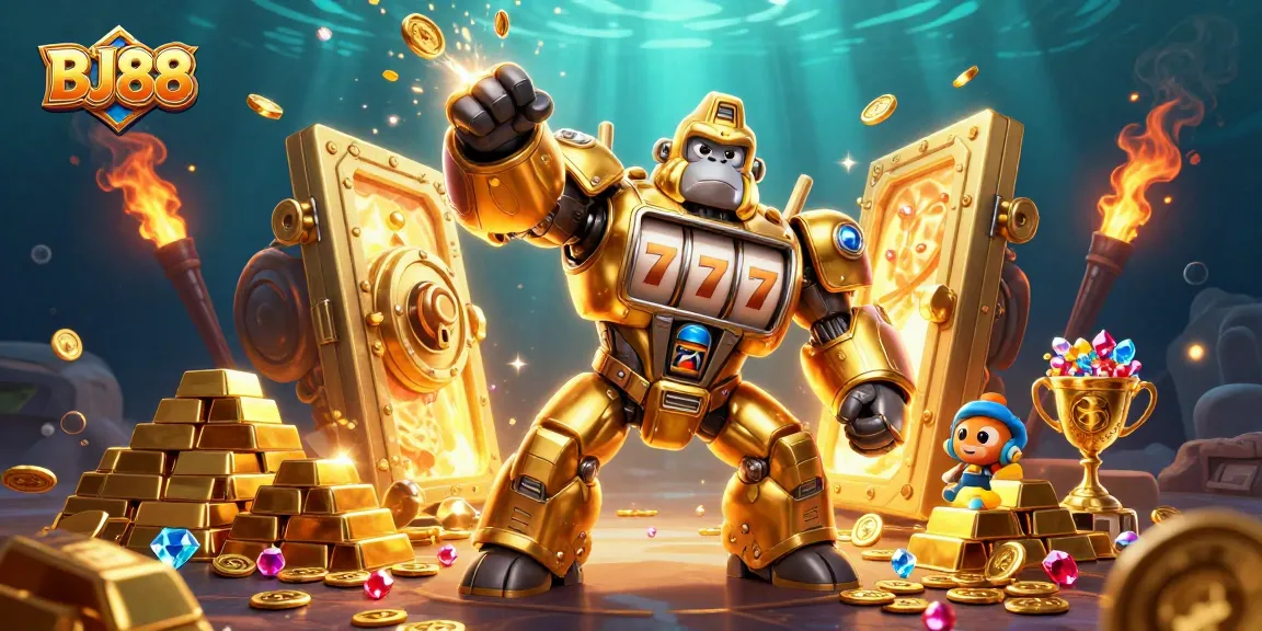 BJ88 gorilla mech punches upwards with exploding coins, showcasing dynamic online casino action.