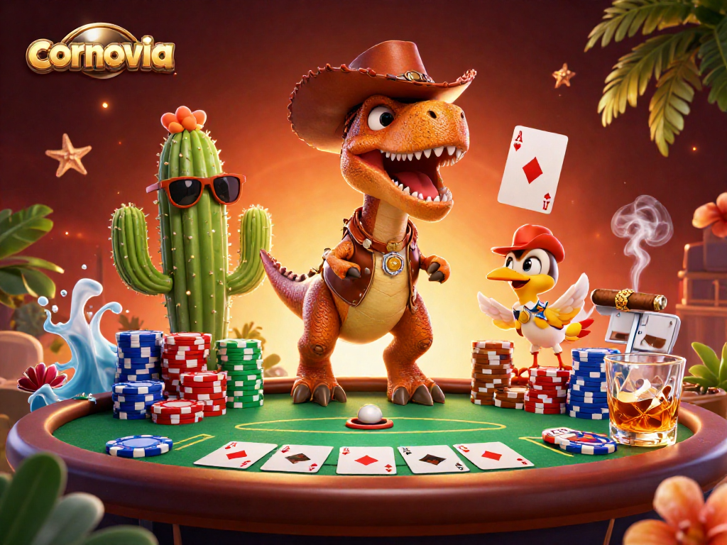 Cornovia's colorful 3D illustration showcases a cowboy T-Rex at a poker game, enhancing online casino excitement.