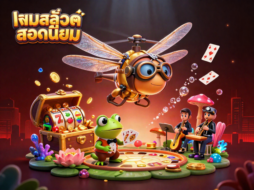 Engage with popular slots featuring a vibrant dragonfly pilot and a frog croupier in a lively casino scene.