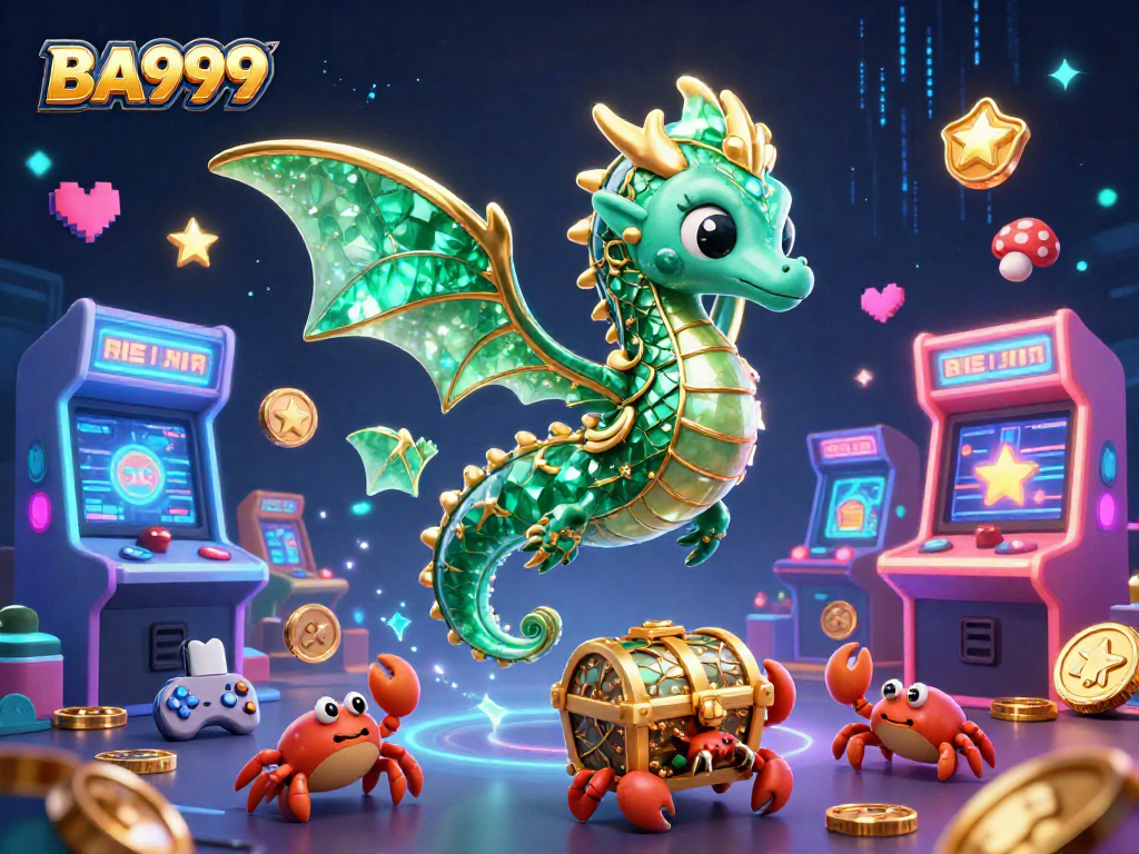 Engage with BA999's dynamic gaming scene featuring sea dragon and colorful arcade elements.