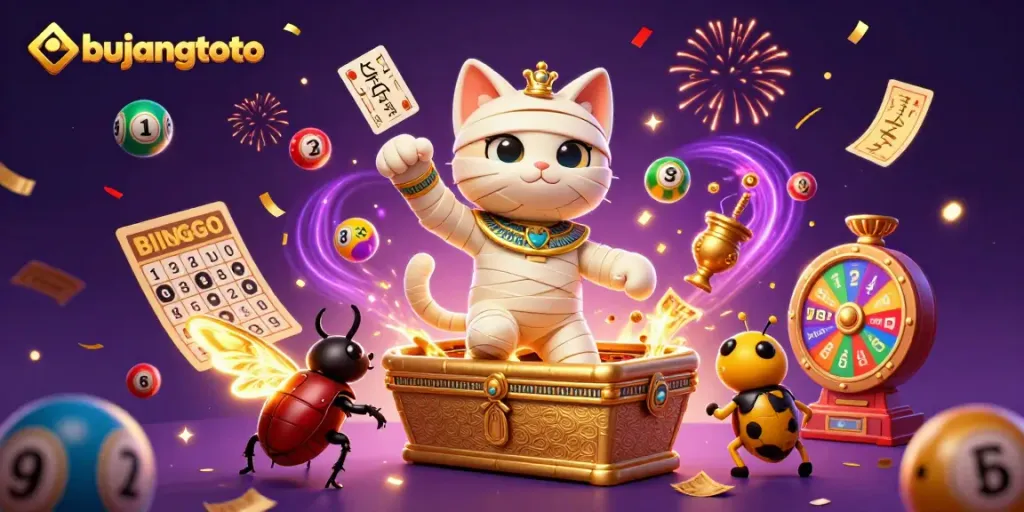 Experience the excitement of bujangtoto with a dynamic illustration of an Egyptian mummy cat and gaming elements.