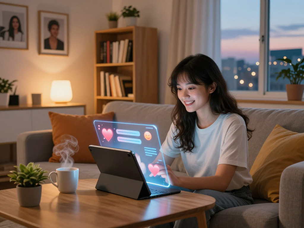 AI girlfriend interaction in modern living room with warm ambiance.