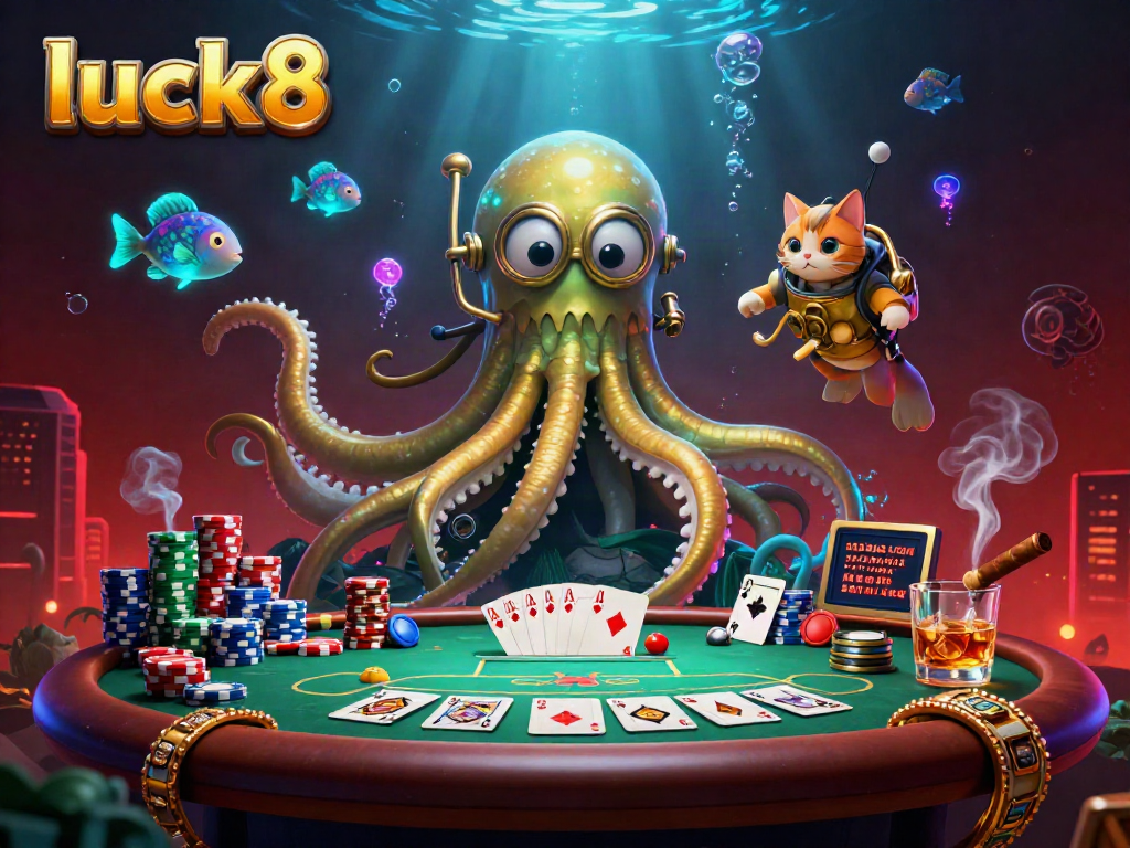 Experience luck8's thrilling casino world featuring a kraken, diving cat, and poker elements.
