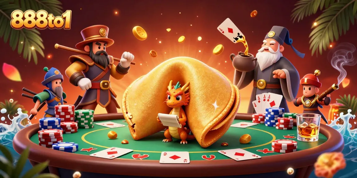 Experience the excitement of 888to1 with a vibrant 3D illustration featuring a fortune cookie and poker elements.
