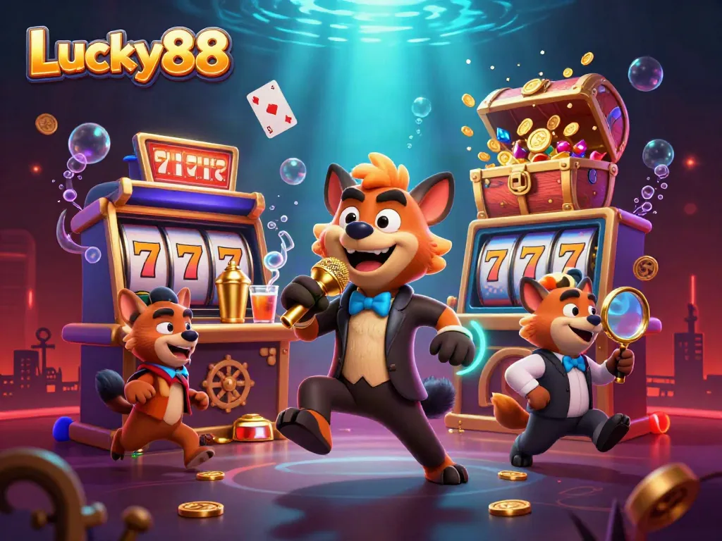 Join the fun at Lucky88 with cartoon hyenas in a lively casino atmosphere, showcasing vibrant gaming elements.