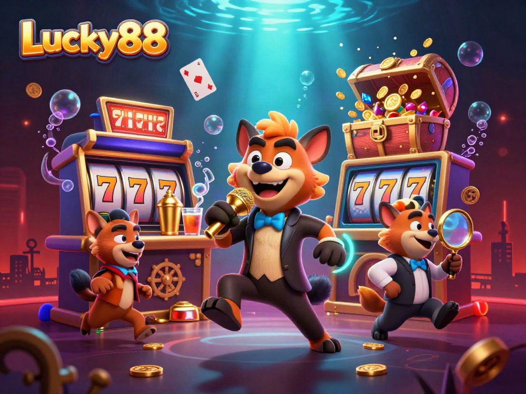 Join the fun at Lucky88 with cartoon hyenas in a lively casino atmosphere, showcasing vibrant gaming elements.