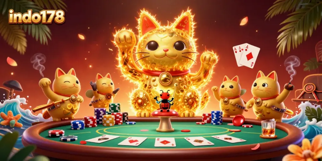 Engage with indo178 gaming through a vibrant illustration of a lucky cat amidst energetic casino symbols and colorful poker elements.