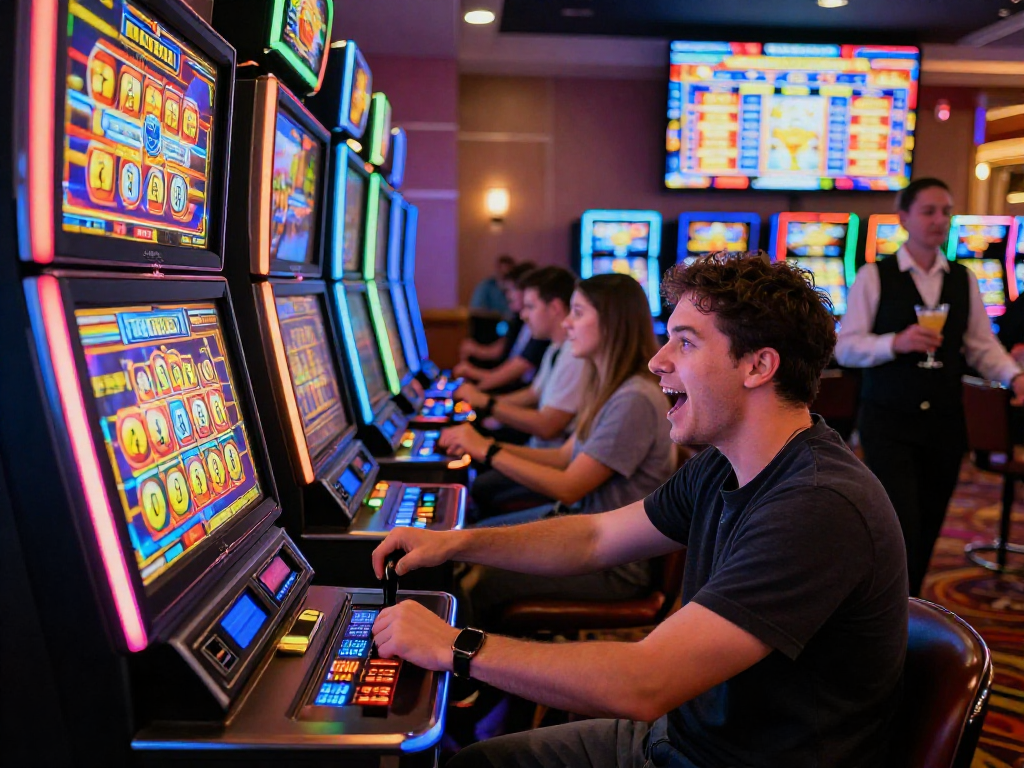 Player celebrating a slot jackpot win at a vibrant casino machine, surrounded by colorful lights and excitement.