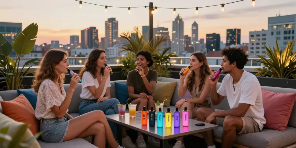 Friends enjoying Hitz infinity Gen 7 vapes on a rooftop lounge during sunset, surrounded by city skyline.