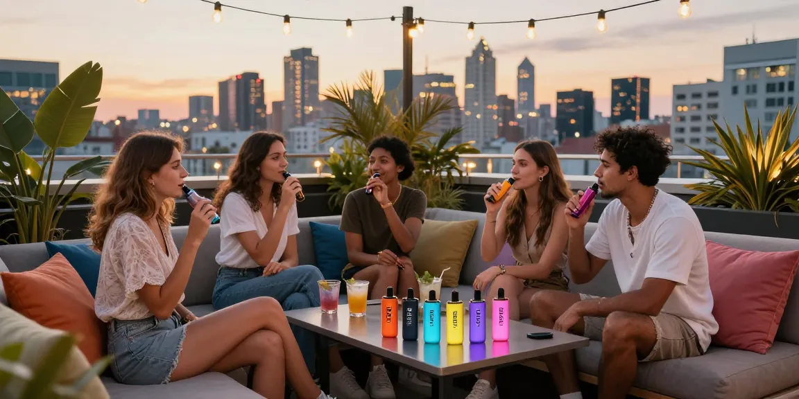 Friends enjoying Hitz infinity Gen 7 vapes on a rooftop lounge during sunset, surrounded by city skyline.