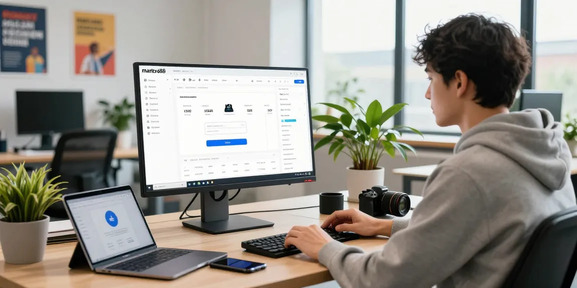 Young professional accessing mantra88 login on a modern tech workspace desk.
