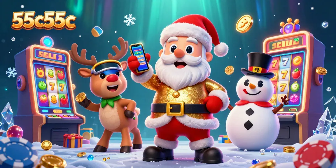 Ilustração de 55c55c com Papai Noel e personagens de cassino, mostrando caça-níqueis girando.