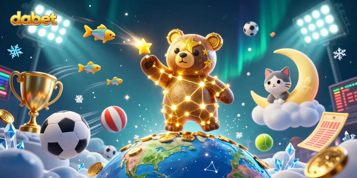 Experience the excitement of Dabet with golden stars, coins, and dynamic sports elements in a vibrant illustration.