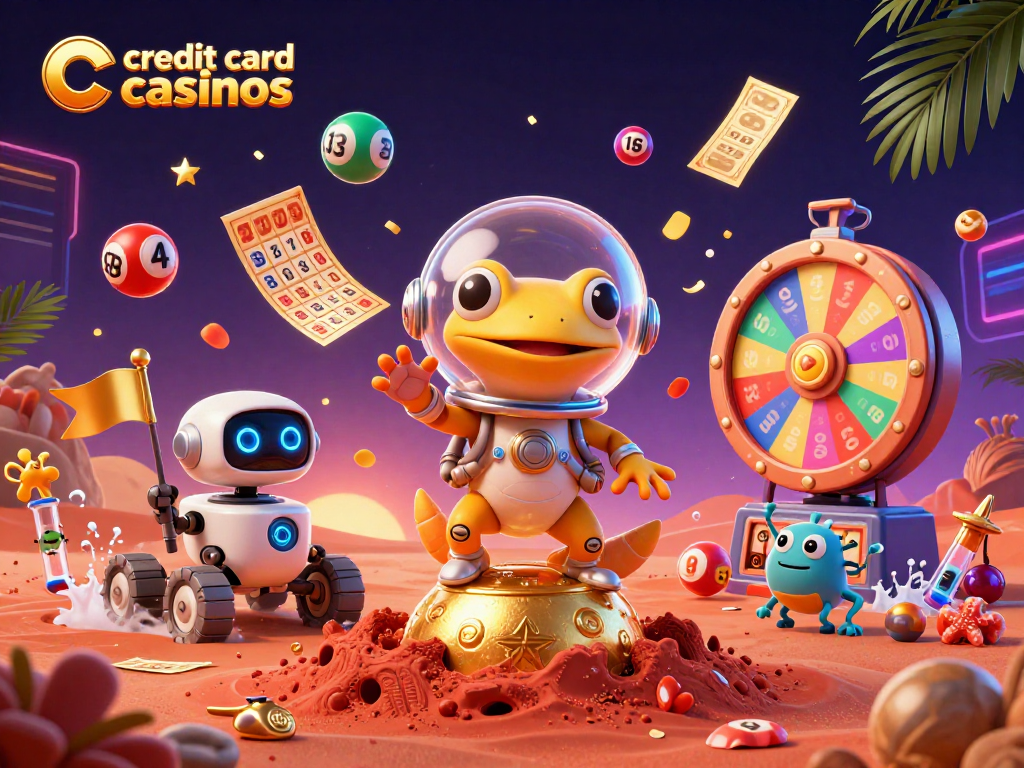 Engage with credit card casinos through a vibrant 3D illustration featuring a Martian gecko in a casino.