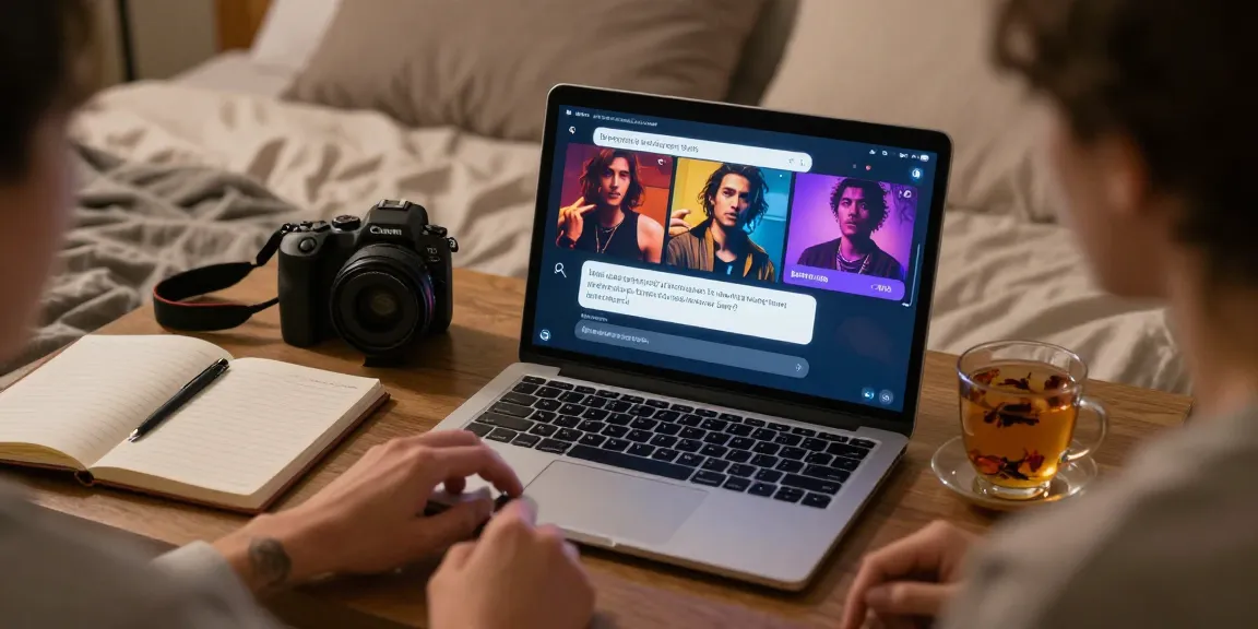 Engaging in ai porn chat on a laptop in a cozy bedroom setting, showcasing vibrant characters and intimate conversation.