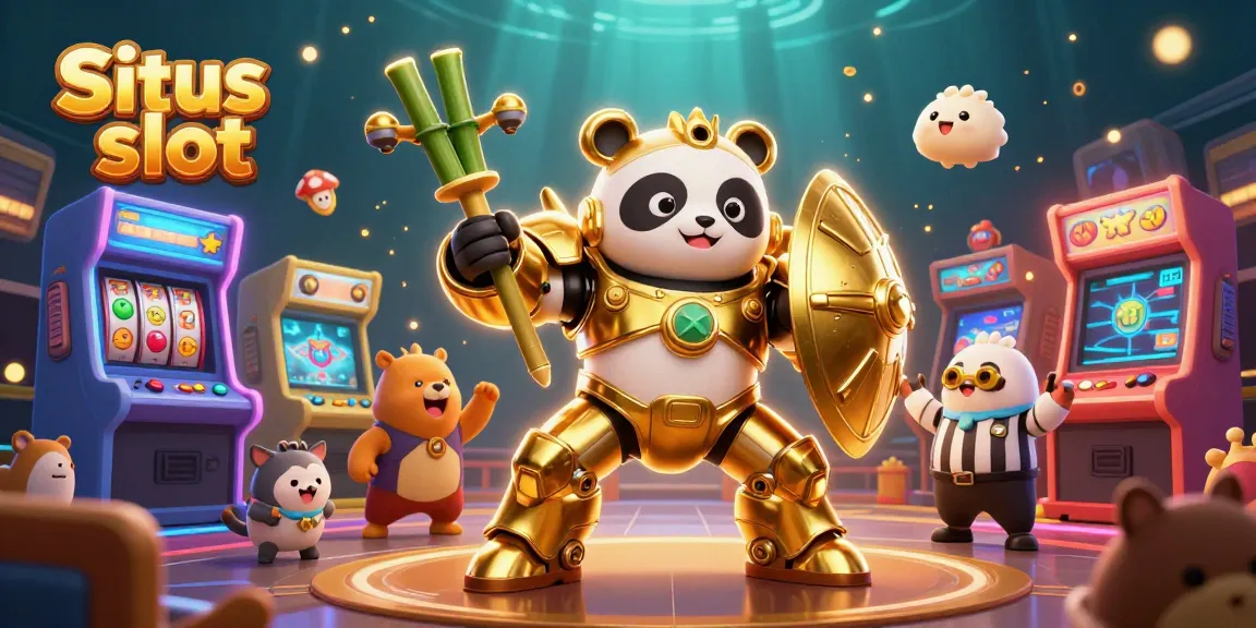 Engage in Situs slot action, showcasing a golden panda robot amidst vibrant casino elements.