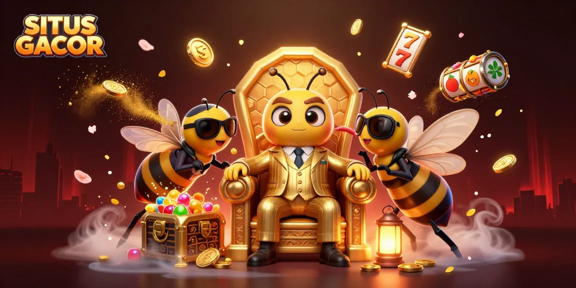 SITUS GACOR showcases thrilling slot reels, gold coins, and vibrant gems in a rich casino scene