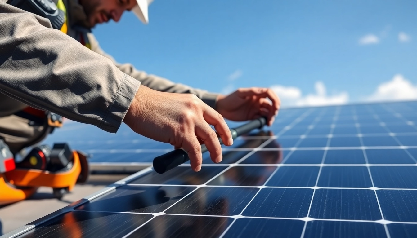 Technician performing solar system repair on rooftop panels, ensuring efficiency and safety.