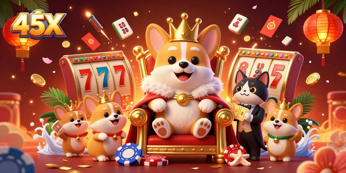 Experience 45X with our lively scene showcasing royal corgi royalty and dynamic casino elements.