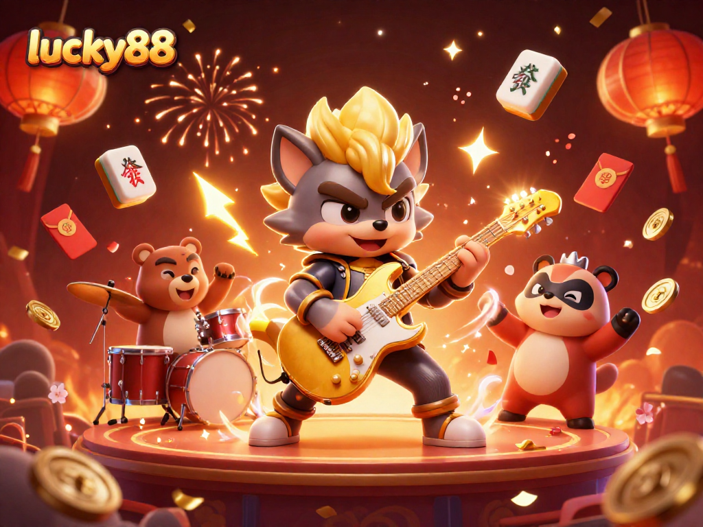 "Experience the thrill of lucky88 in a vibrant 3D casino illustration featuring a rock star wolf and energetic bear."