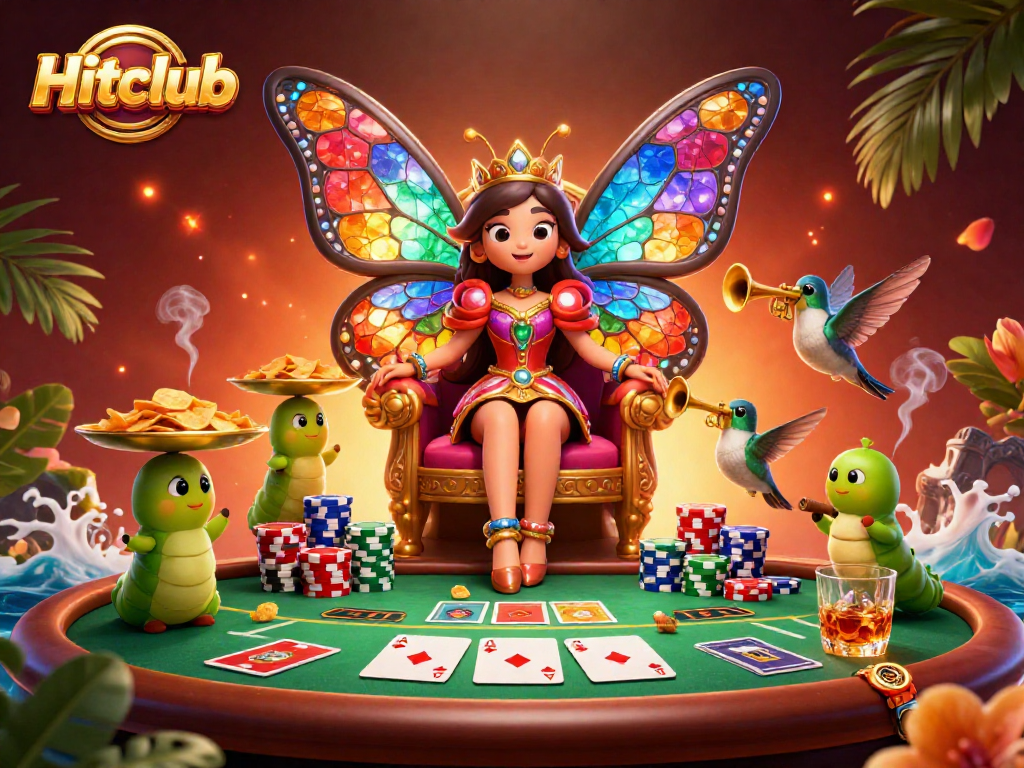 Hitclub showcases a vibrant poker scene with a butterfly queen amid vibrant casino elements.