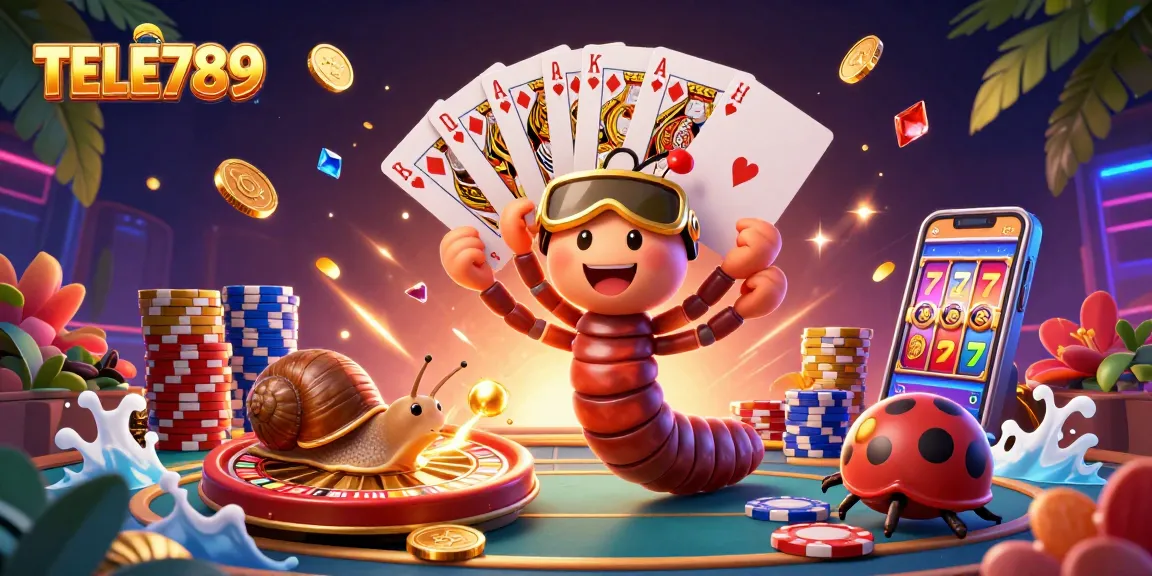 Join the excitement at TELE789, where a dealer in a golden visor oversees a vibrant casino scene