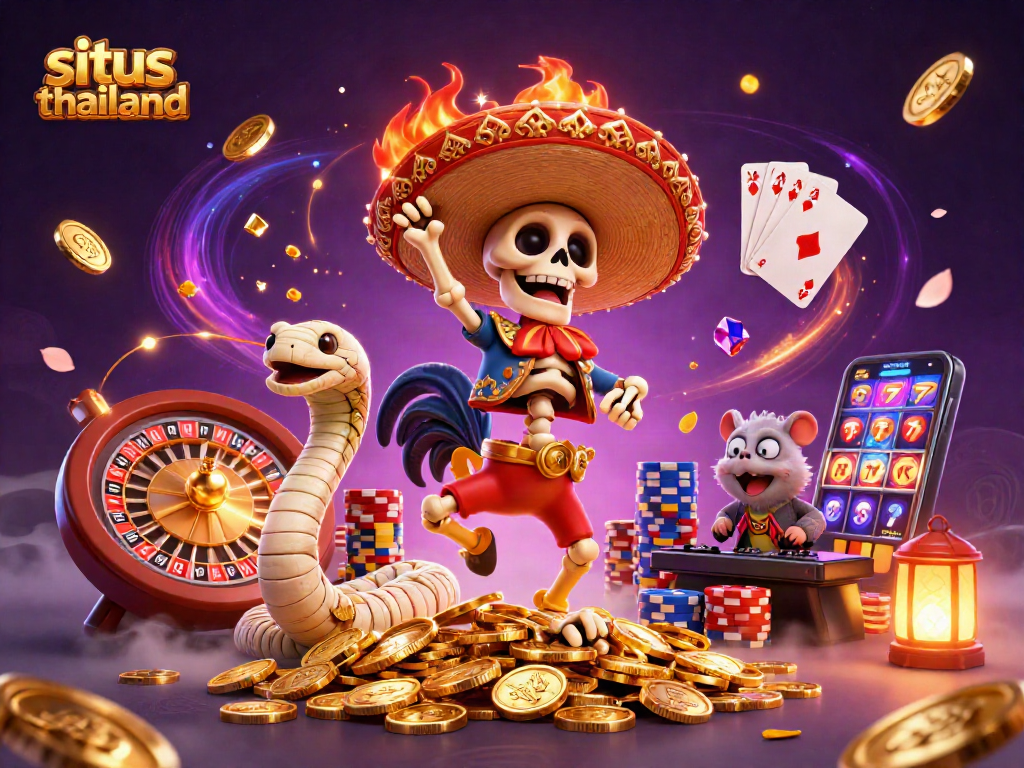 Experience situs thailand with an energetic casino scene featuring a cartoon rooster dancing amid golden coins.