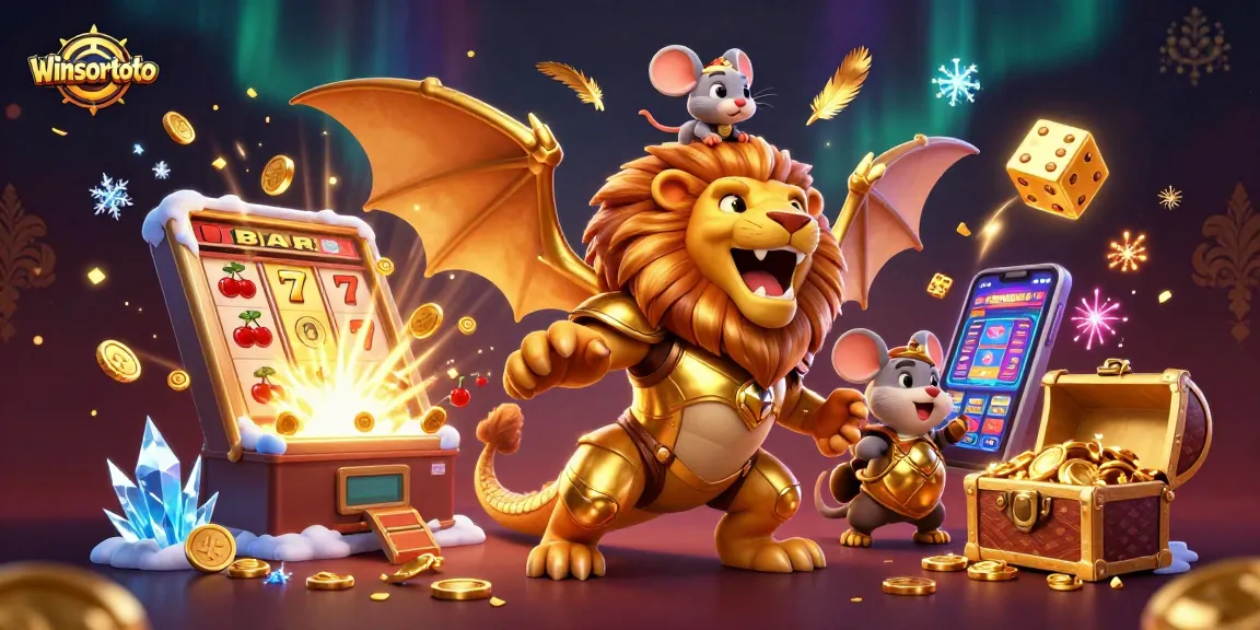 Memenangkan jackpot dengan winsortoto, ilustrasi kasino digital yang penuh warna dan dinamis.