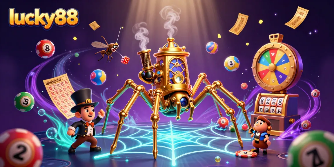 Experience the thrilling world of lucky88 with a steampunk spider capturing dice and lottery elements in vibrant 3D illustration.